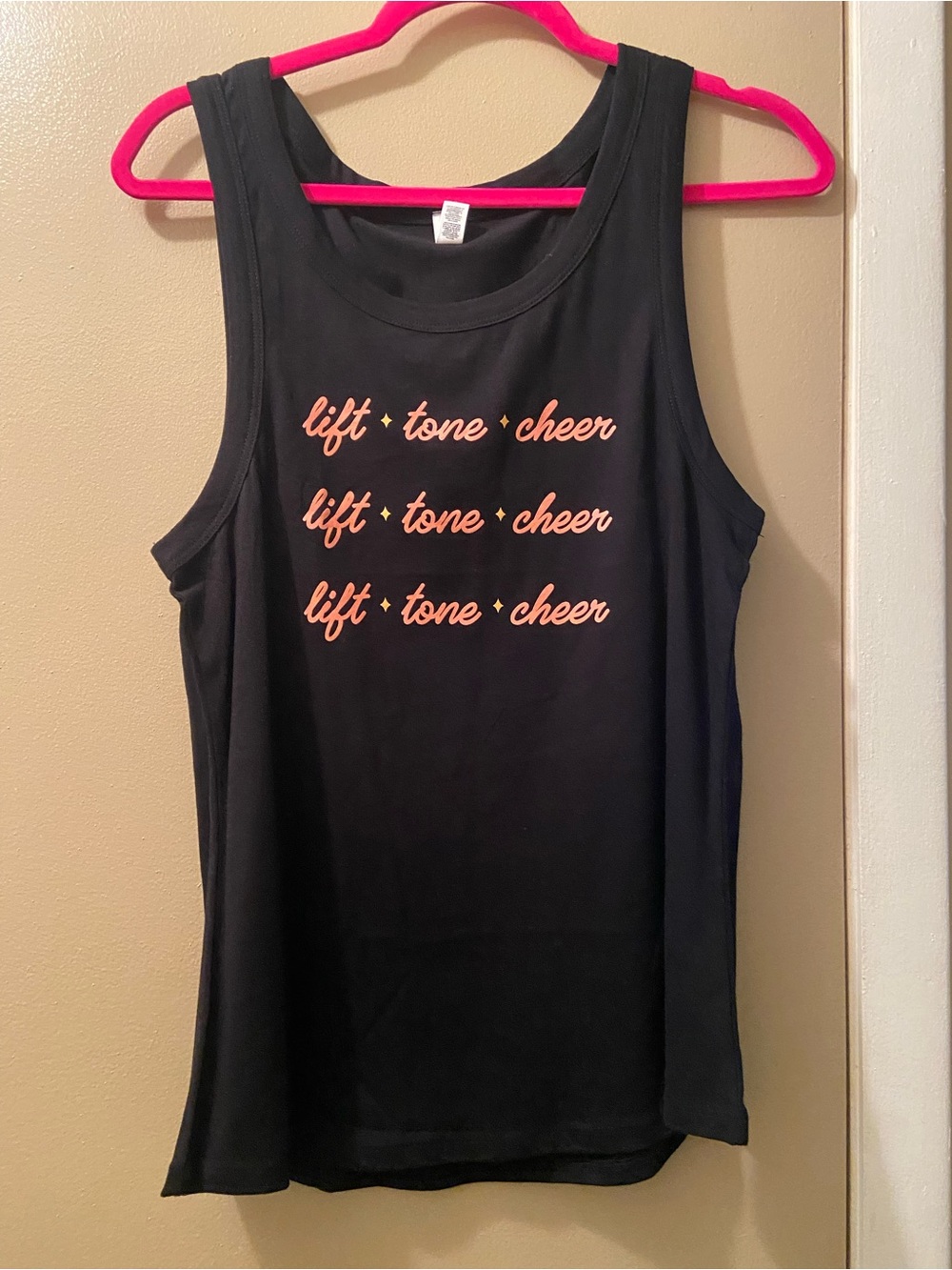 Pure Barre Black Tank Top with Peach Script "lift • tone • cheer!” Medium! NWOT!